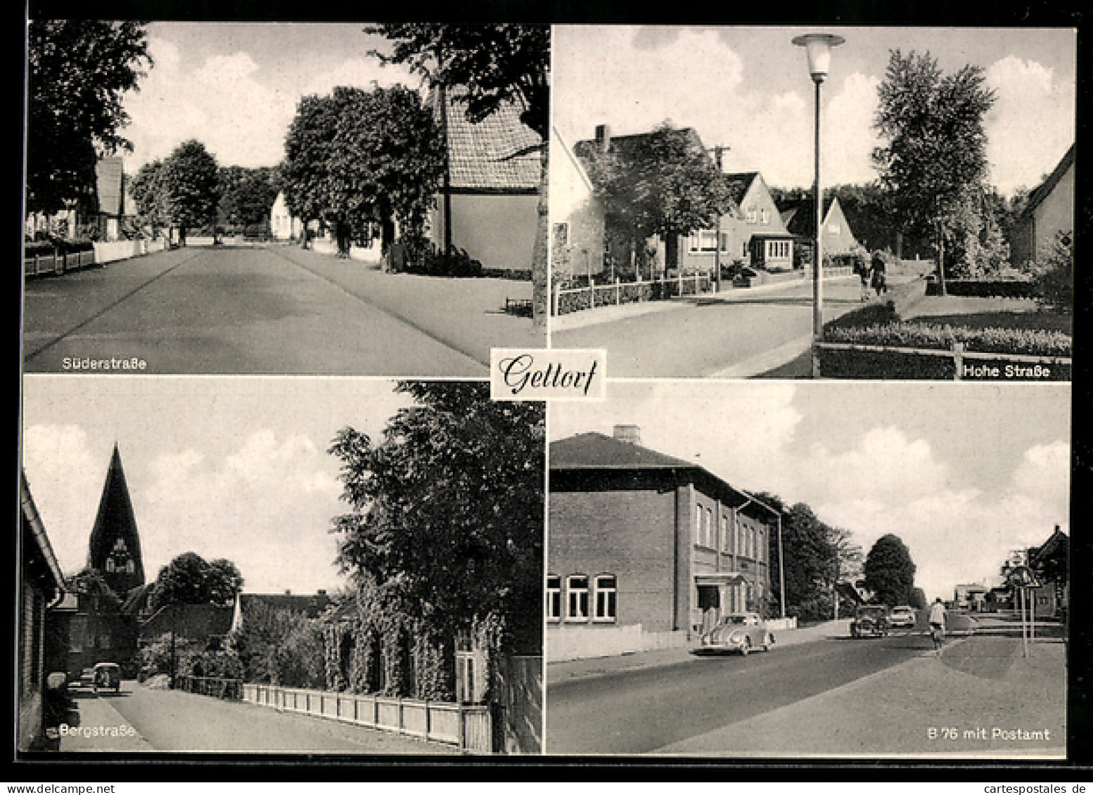 AK Gettorf, Hohe Strasse, Süderstrasse, Blick in die Bergstrasse, B 76 mit Postamt