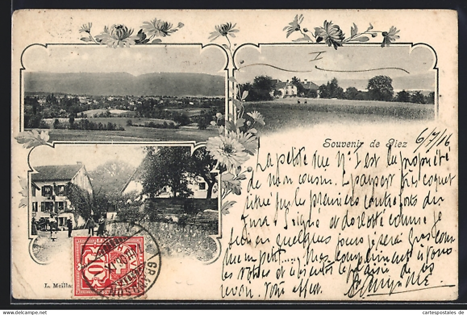 AK Giez, Strassenpoartie mit Anwohnern, Panorama mit Feldern