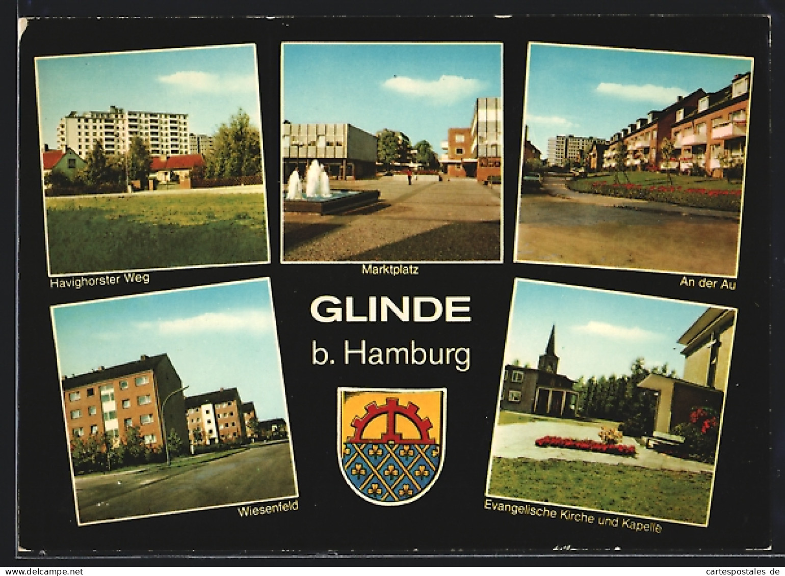AK Glinde / Hamburg, Havinghorster Weg, Marktplatz, an der Au, Wiesenfeld und evangelische Kirche und Kapelle