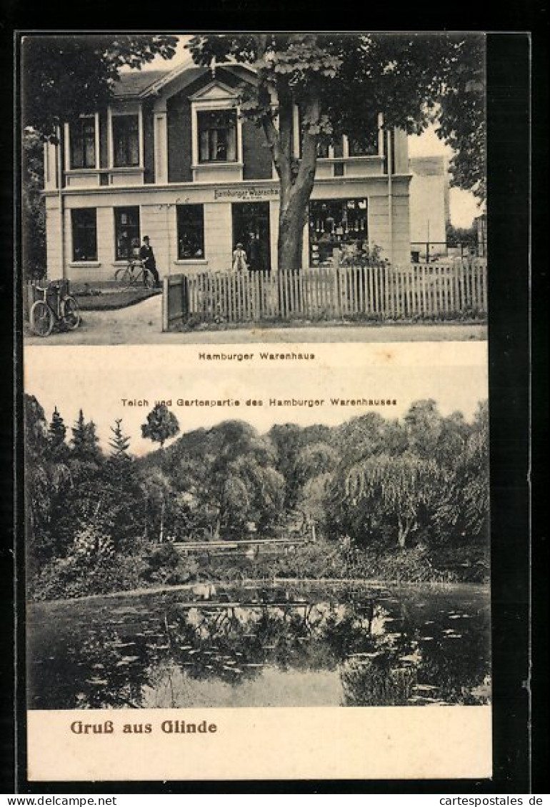 AK Glinde, Hamburger Warenhaus, Teich und Gartenpartie