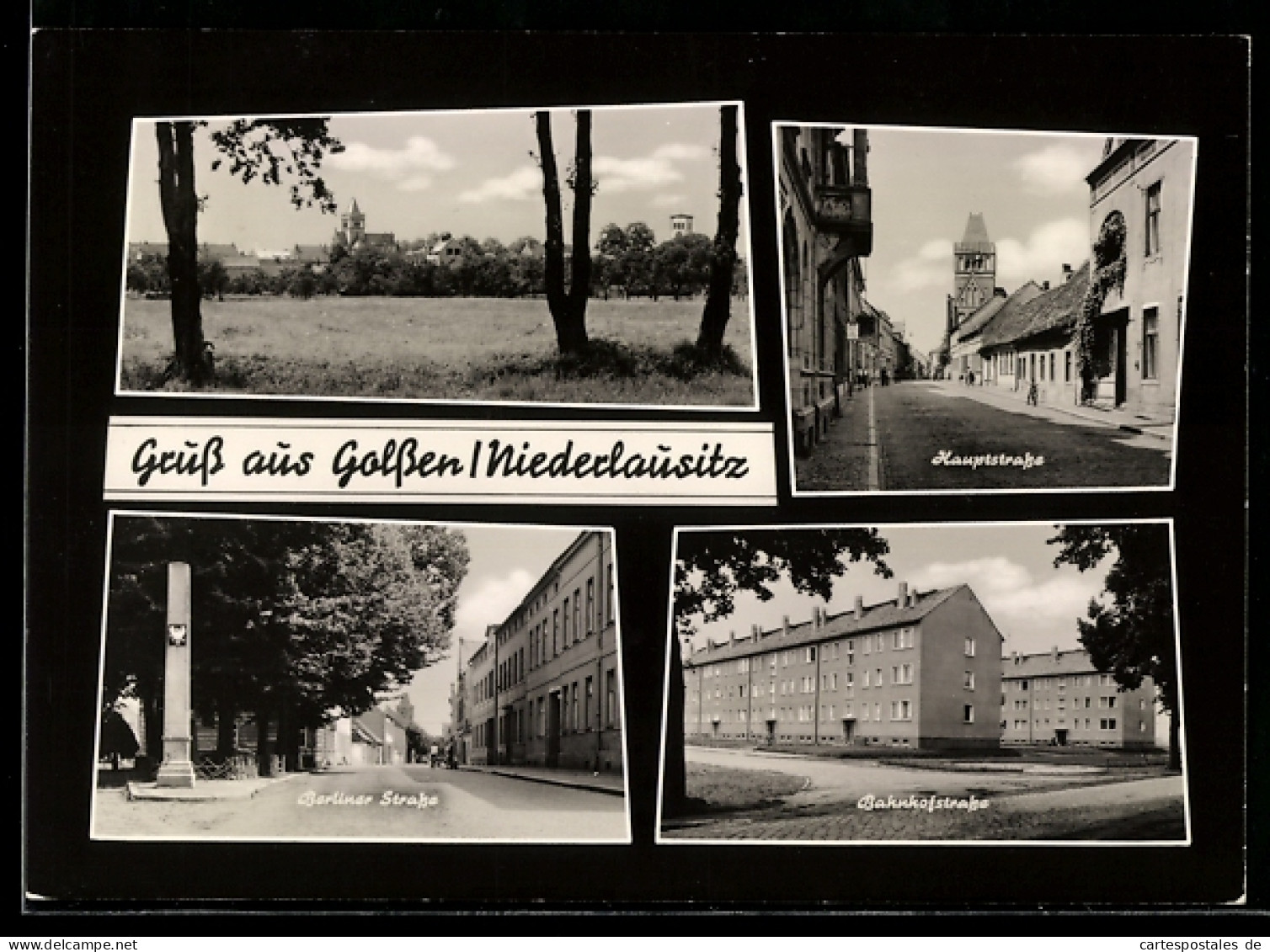 AK Golssen /Niederlausitz, Bahnhofstrasse, Berliner Strasse mit Denkmal, Ortsansicht