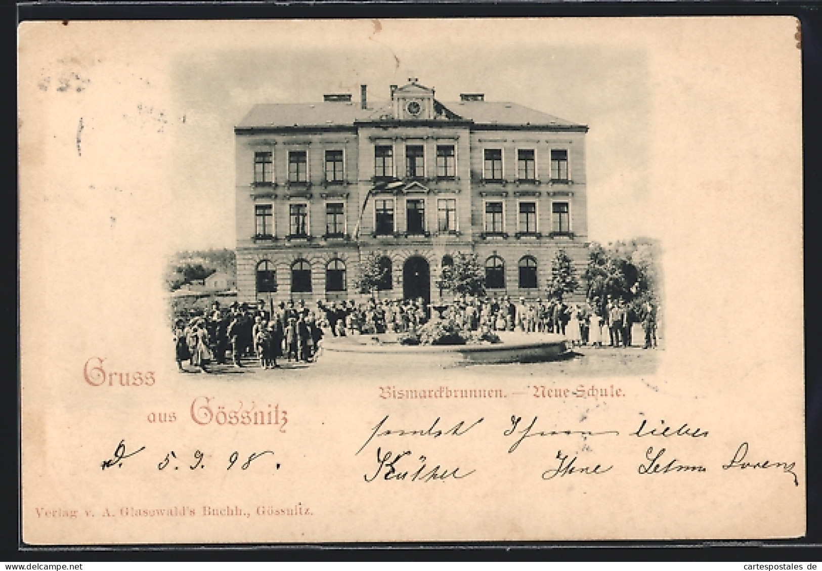 AK Gössnitz, Bismarckbrunnen und Neue Schule