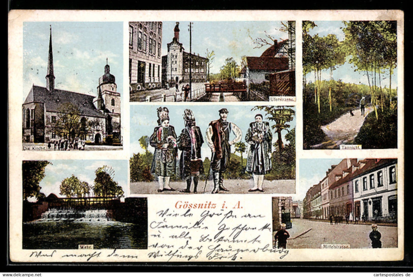 AK Gössnitz i. A., Mittelstrasse, Uferstrasse, Wehr, Tannicht, Kirche