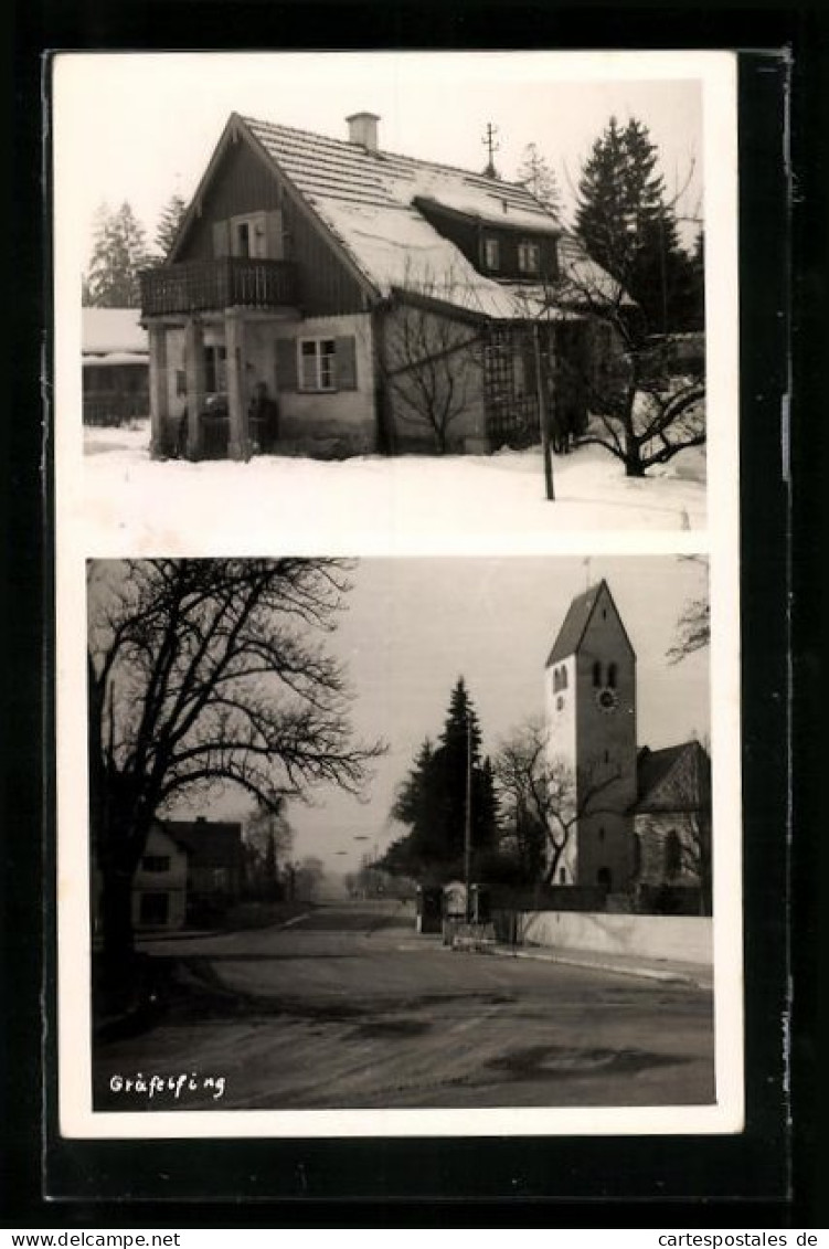 AK Gräfelfing, Kirchturm und Wohnhaus