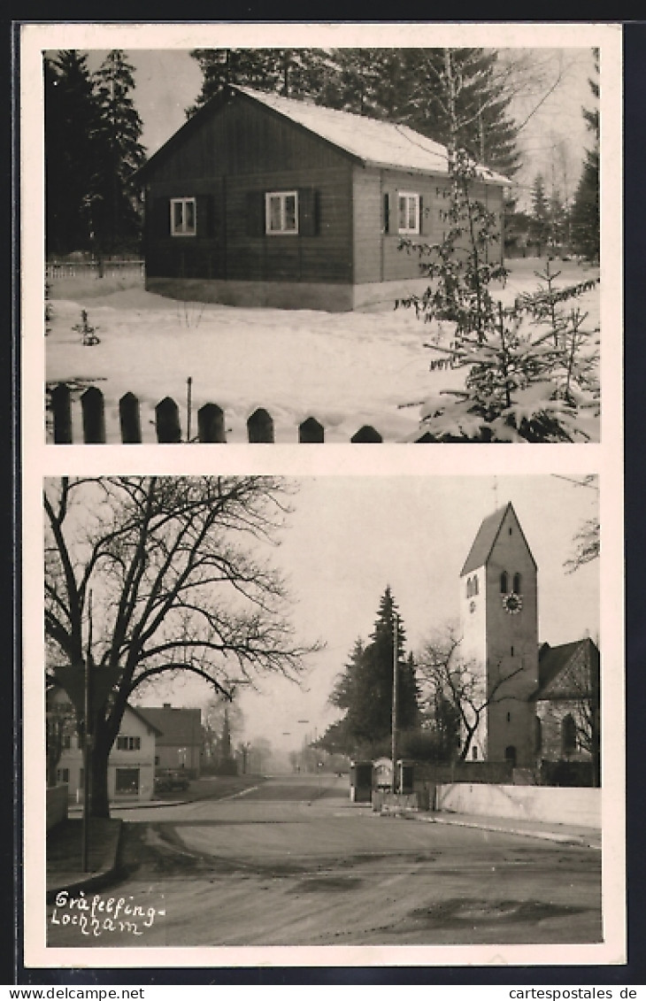 AK Gräfelfing-Lochham, Hütte im Winter und Strassenpartie