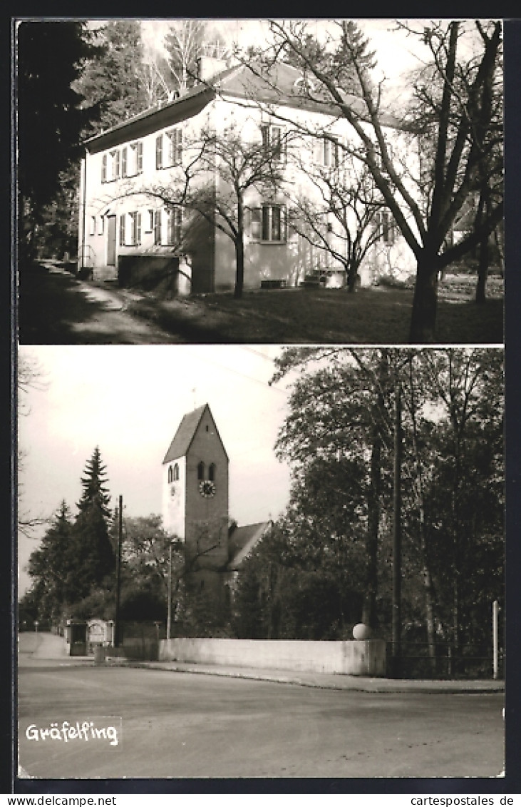 AK Gräfelfing, Strassenpartie an der Kirche, Haus im Wald