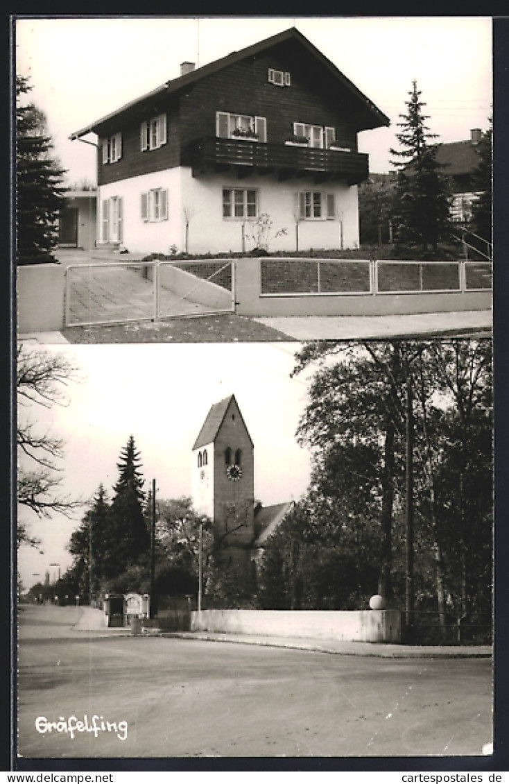AK Gräfelfing, Strassenpartie mit Kirche, Wohnhaus mit Garten
