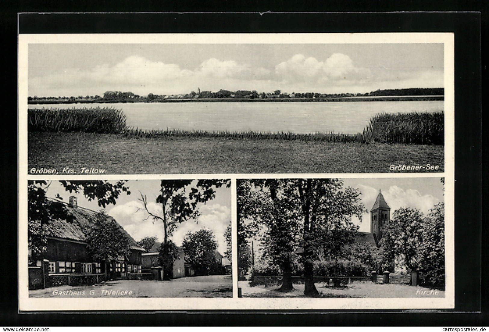AK Gröben / Krs. Teltow, Gasthaus G. Thielicke, Kirche
