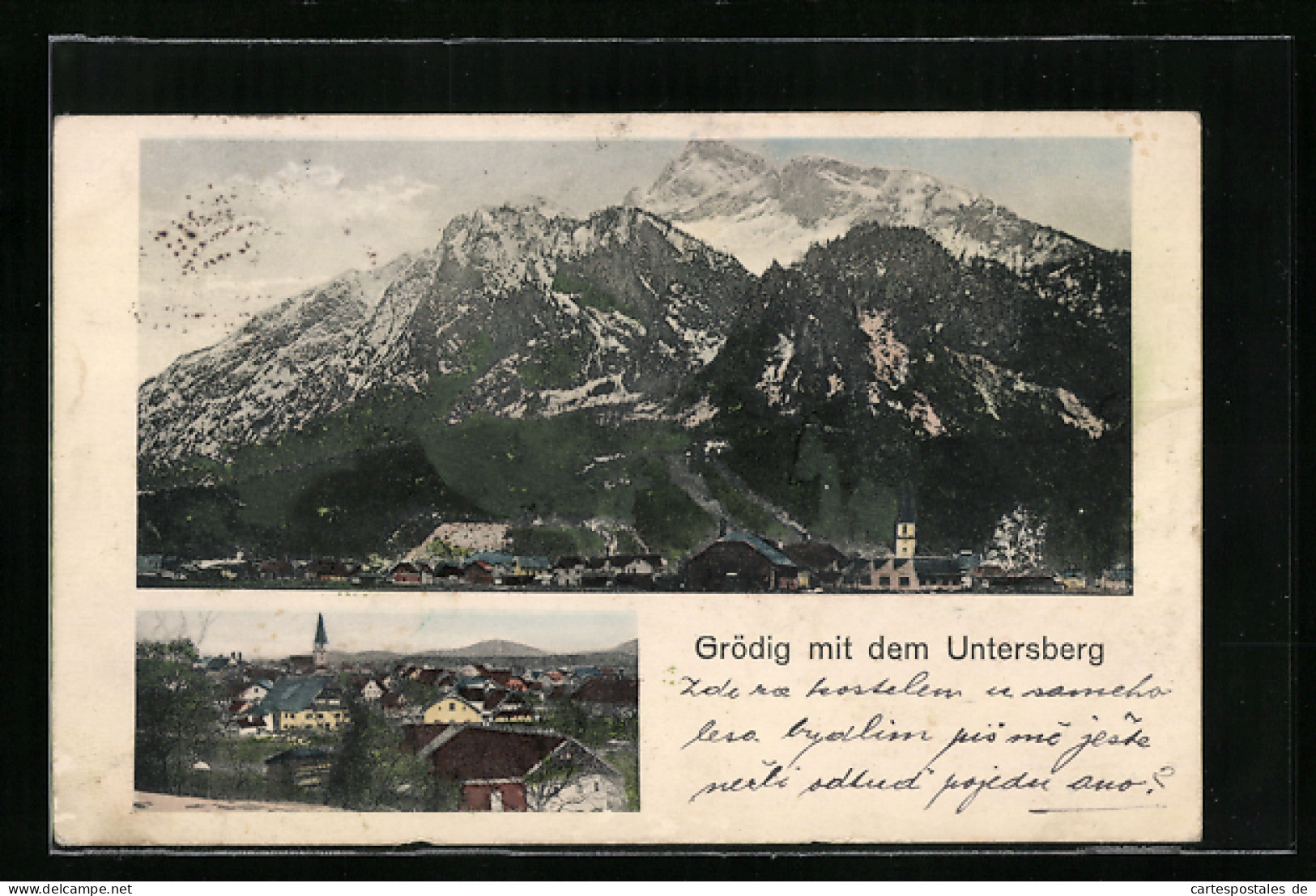 AK Grödig, Ortsansicht vor dem Untersberg
