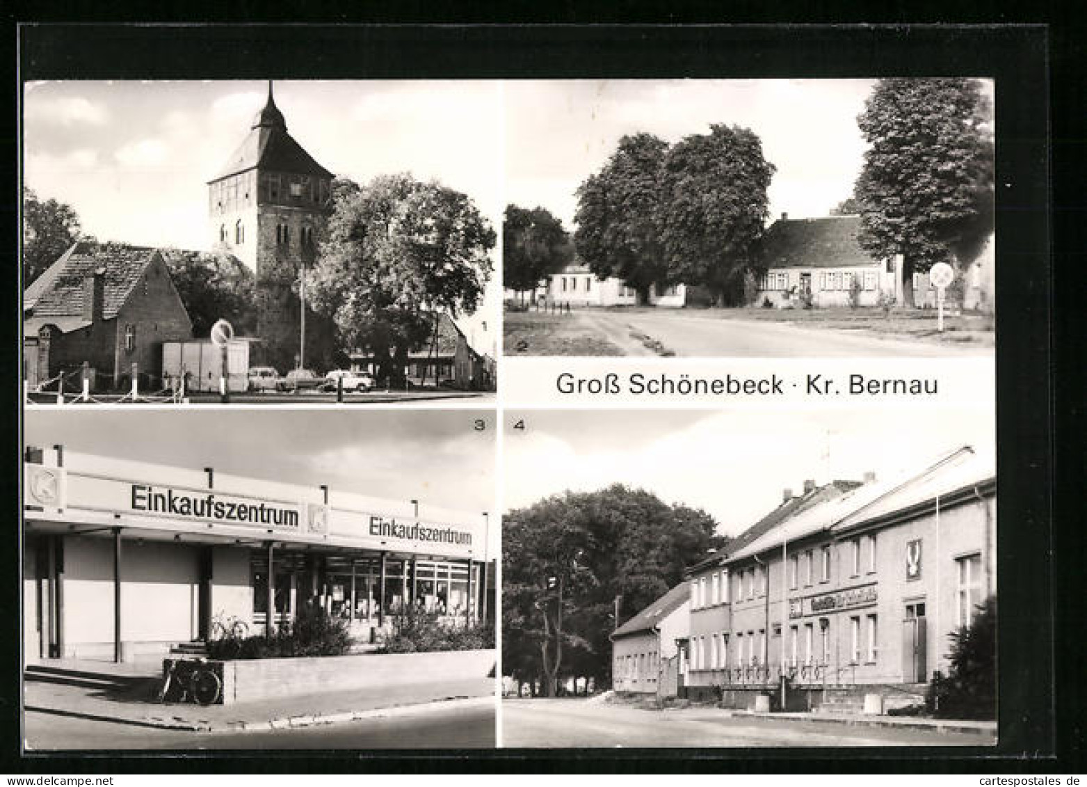 AK Gross Schönebeck, Dorfkirche, Ernst-Thälmann-Strasse und Einkaufszentrum