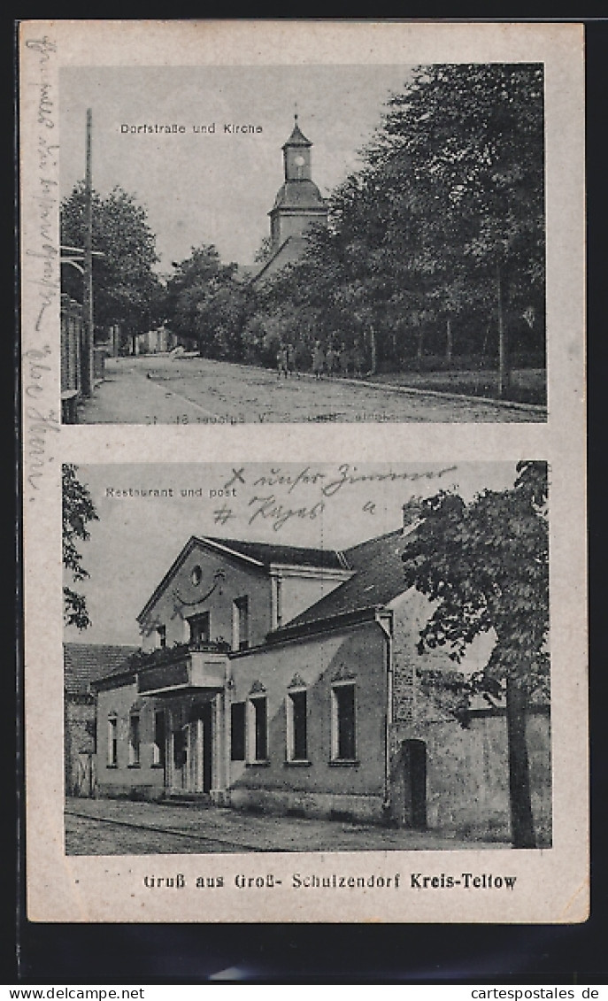 AK Gross-Schulzendorf /Kreis Teltow, Restaurant und Post, Dorfstrasse und Kirche