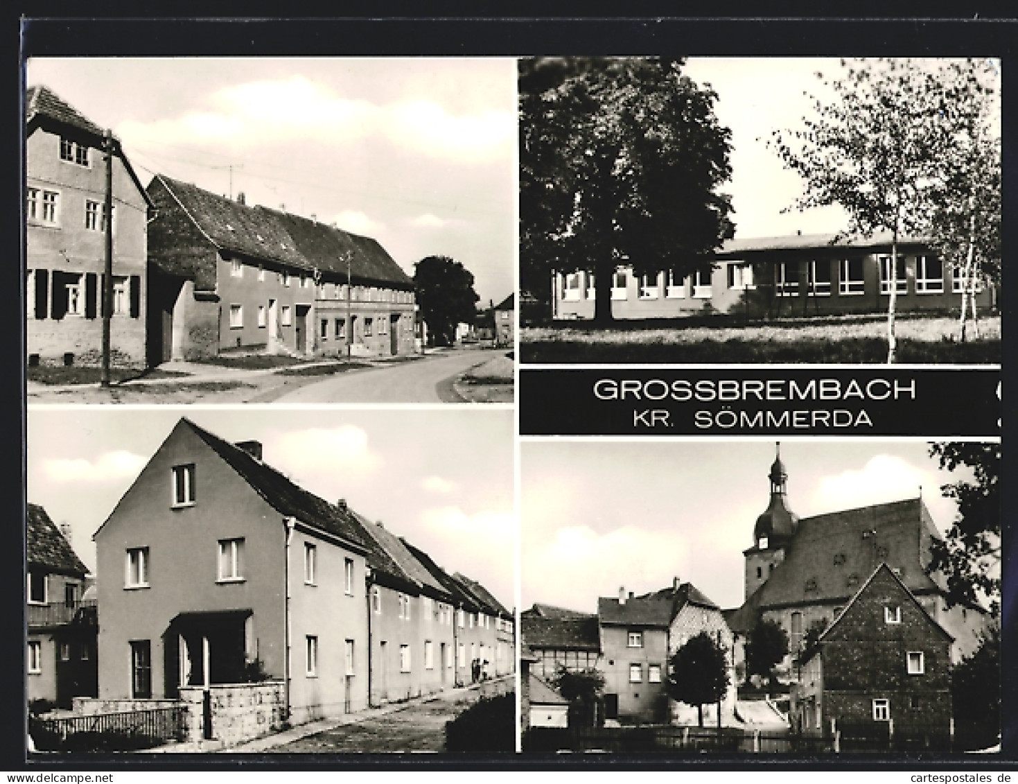 AK Grossbrembach /Kr. Sömmerda, Strassenpartien mit Kirche