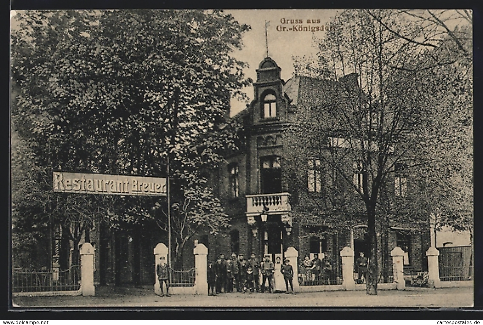 AK Grosskönigsdorf bei Frechen, Gasthaus P. Breier, Eingang mit Soldatengruppe