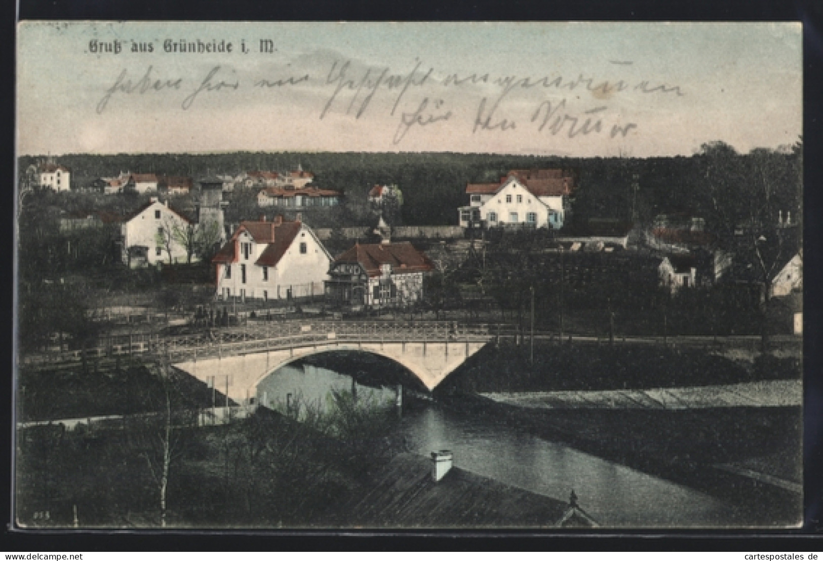 AK Grünheide i. M., Ortsansicht mit Brücke