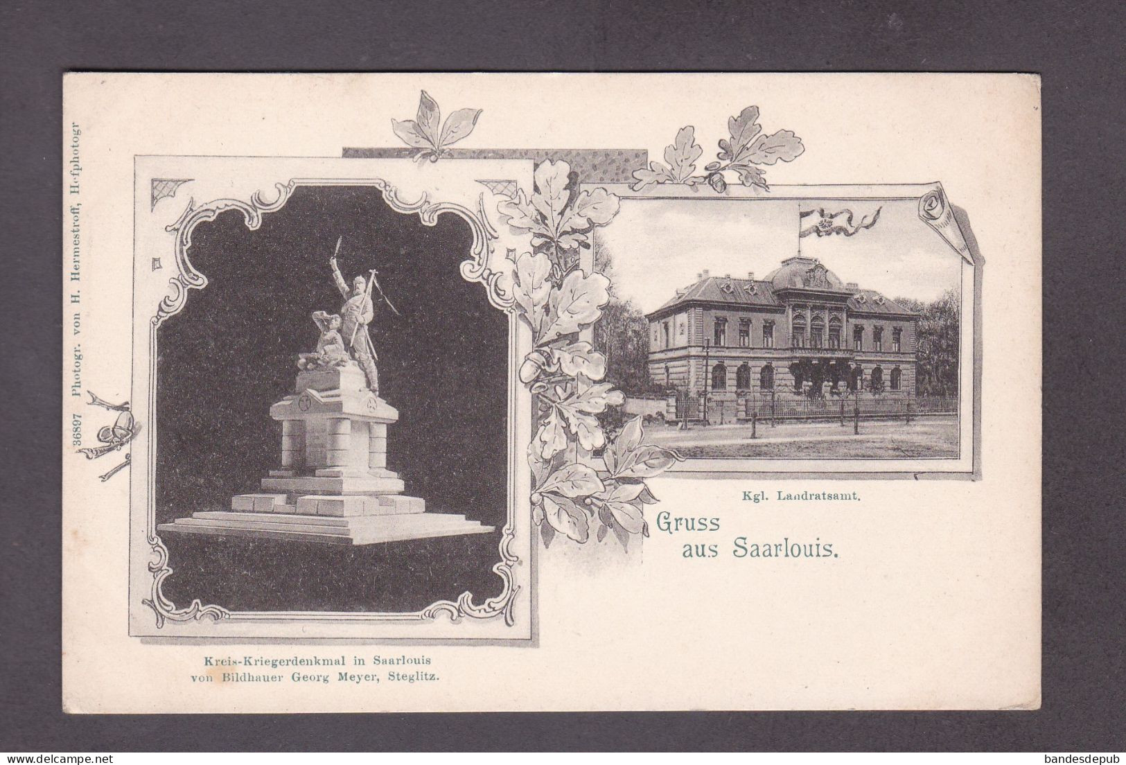 AK Gruss aus Saarlouis Kgl. Landratsamt Kreis Kriegerdenkmal  ( Hermestroff  18831)