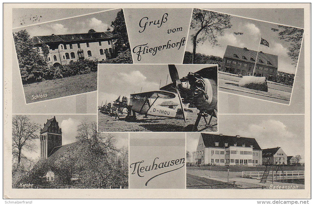 AK Gruss Neuhausen Gurjewsk Fliegerhorst Flugplatz NS Flagge Badeanstalt Schloss bei Königsberg Kaliningrad Quednau