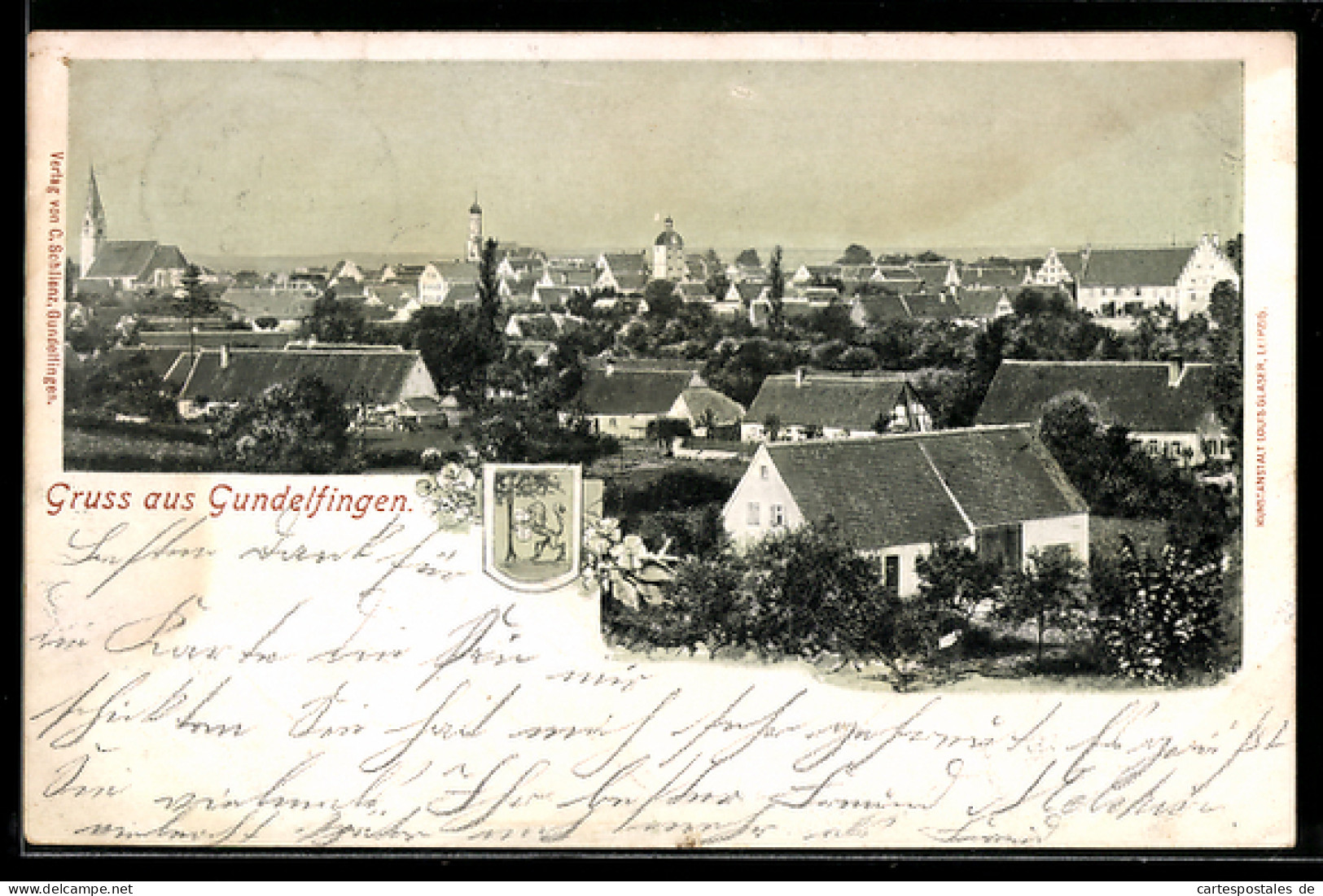 AK Gundelfingen, Ortsansicht mit Kirche und Wappen