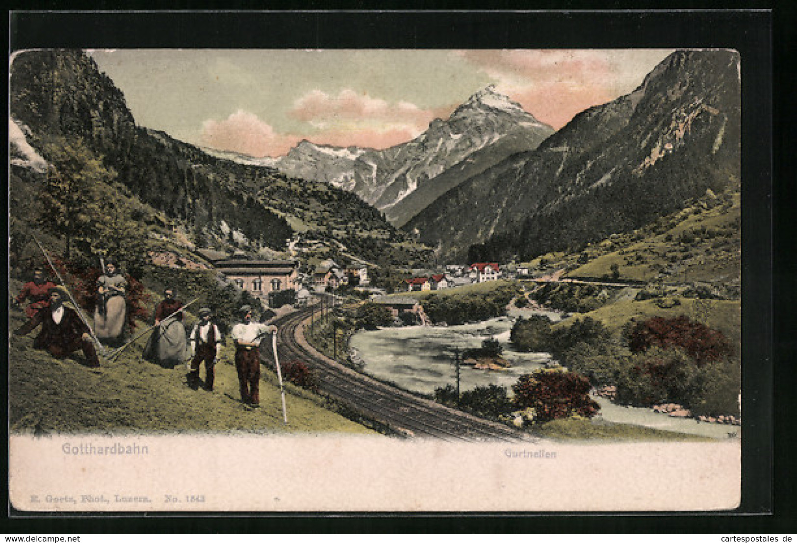 AK Gurtnellen, Ortsansicht mit Arbeitern auf dem Feld