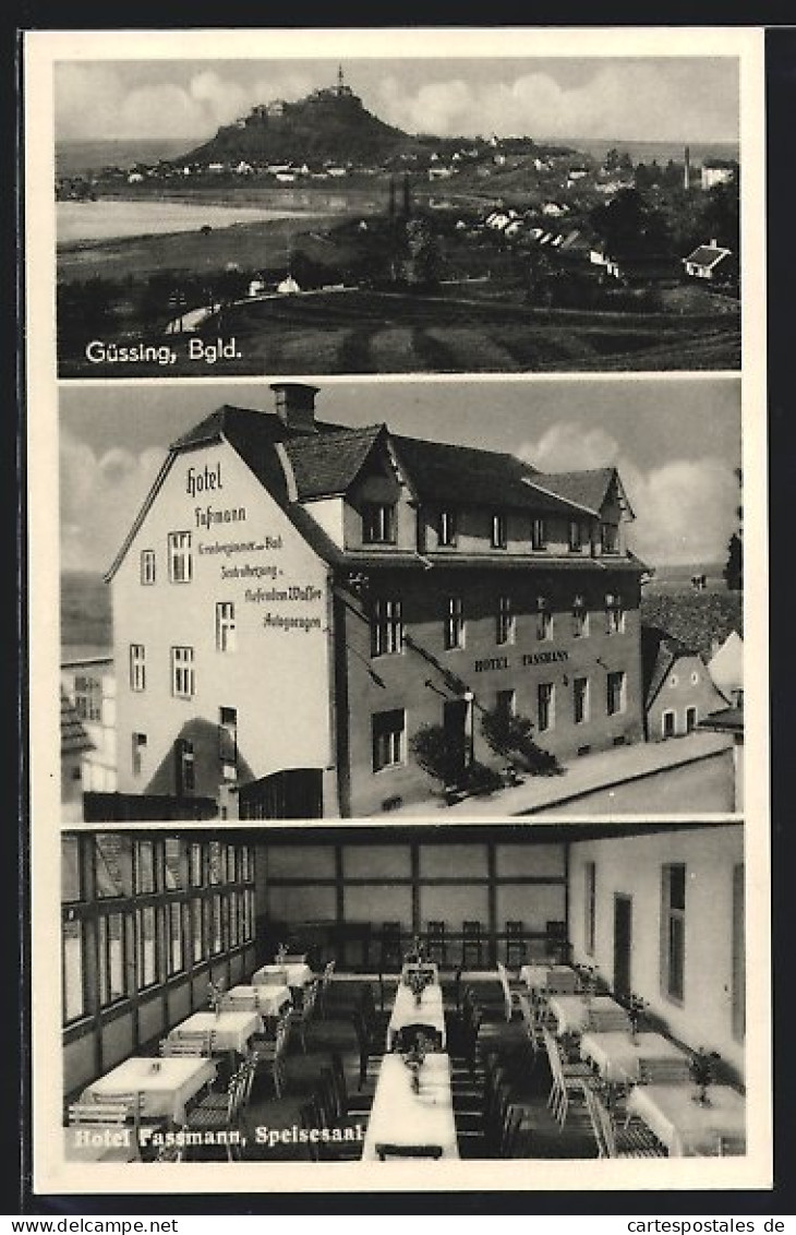 AK Güssing, Ortsansicht, Hotel Fassmann, Speisesaal