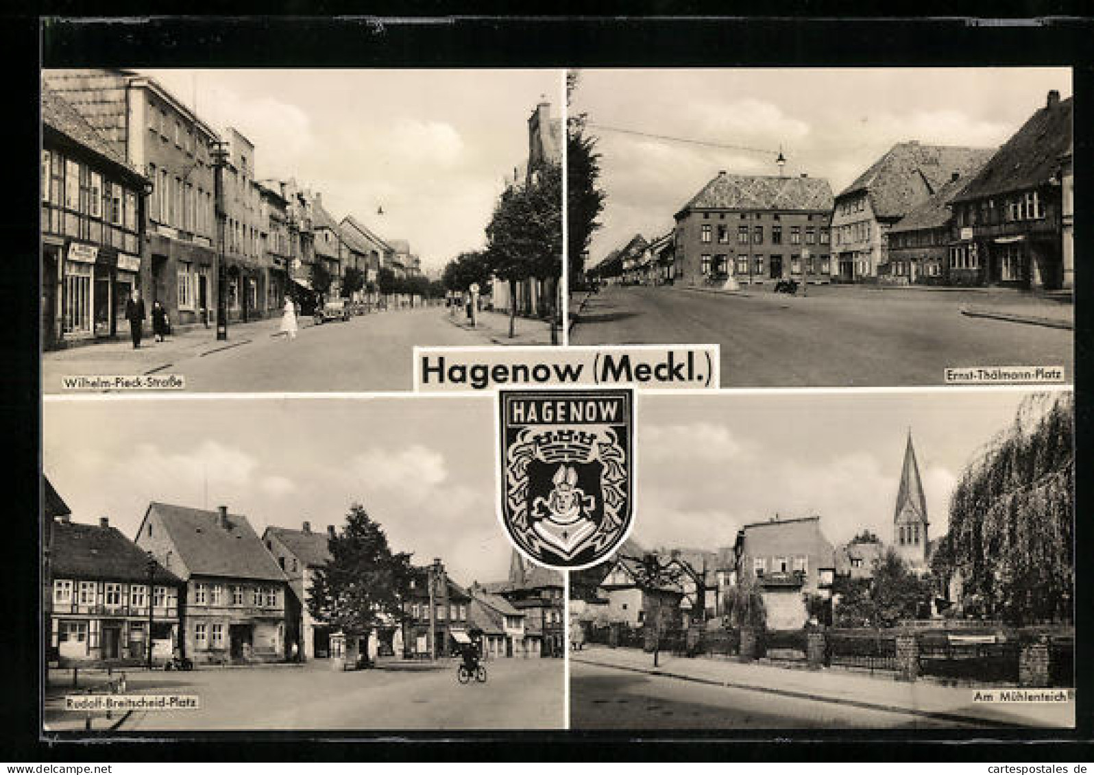 AK Hagenow /Meckl., Wilhelm.Pieck-Strasse, Am Mühlenteich, Wappen
