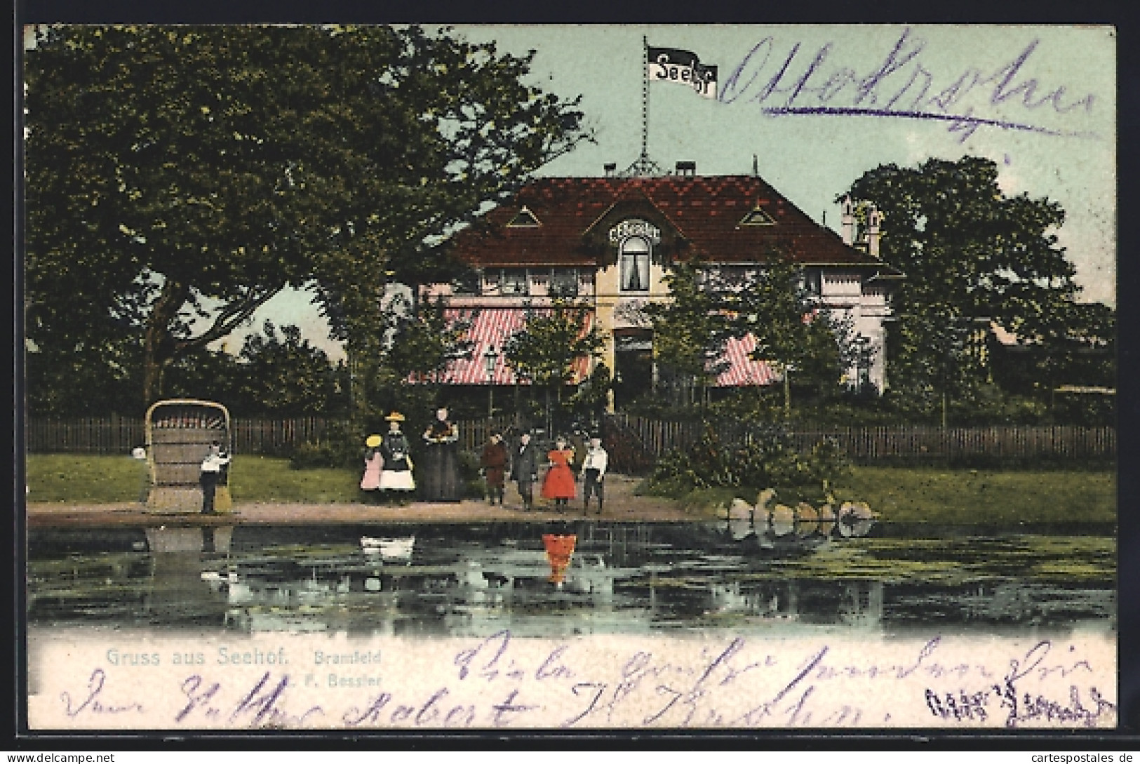 AK Hamburg-Bramfeld, Hotel Restaurant Seehof, Blick vom Wasser190319