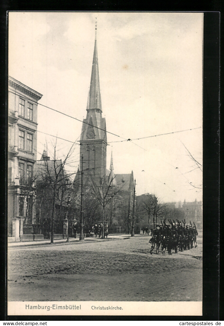 AK Hamburg-Eimsbüttel, Christuskirche mit marschierenden Soldaten