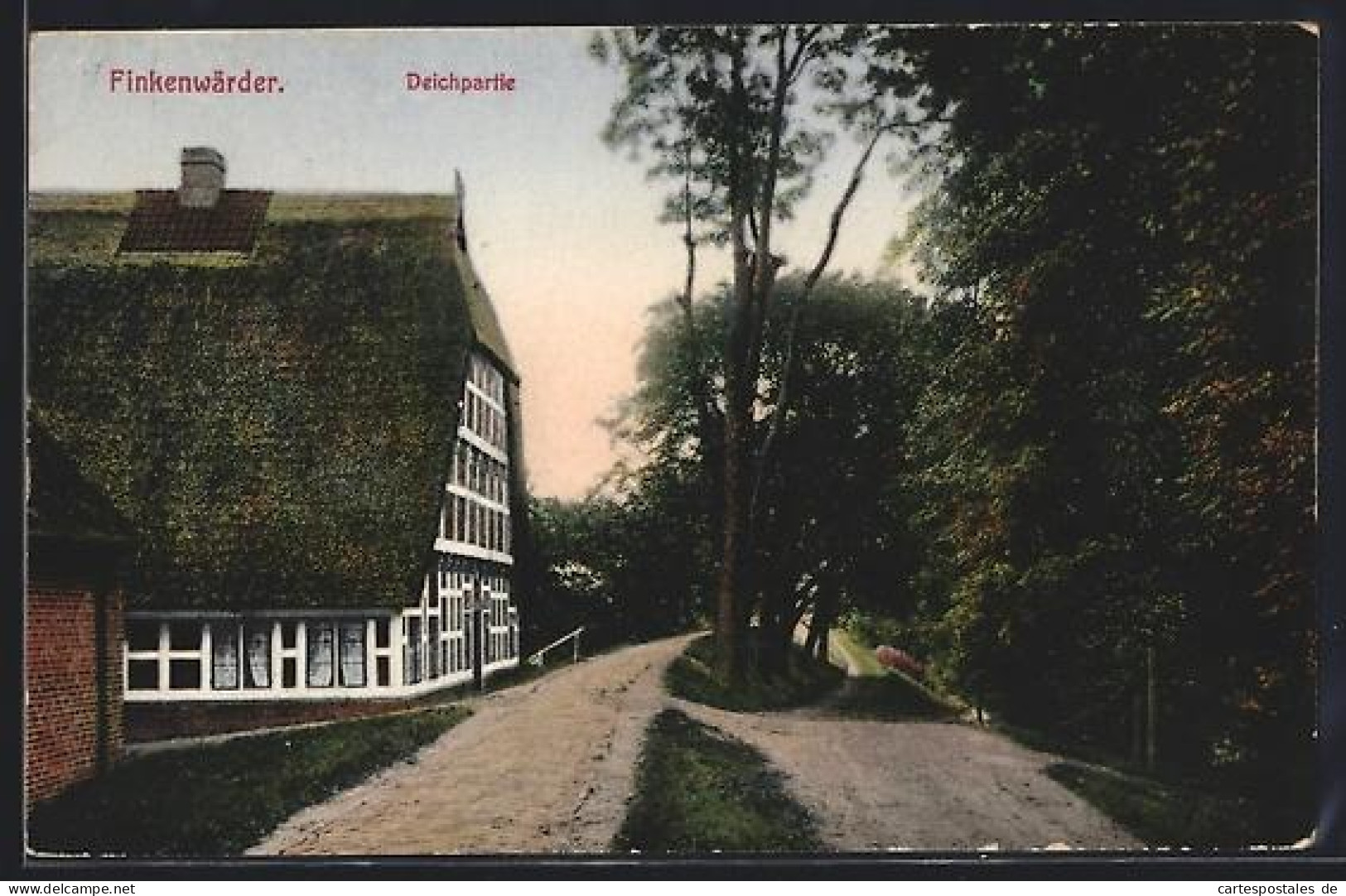 AK Hamburg-Finkenwerder, Deichpartie mit Reetdachhaus