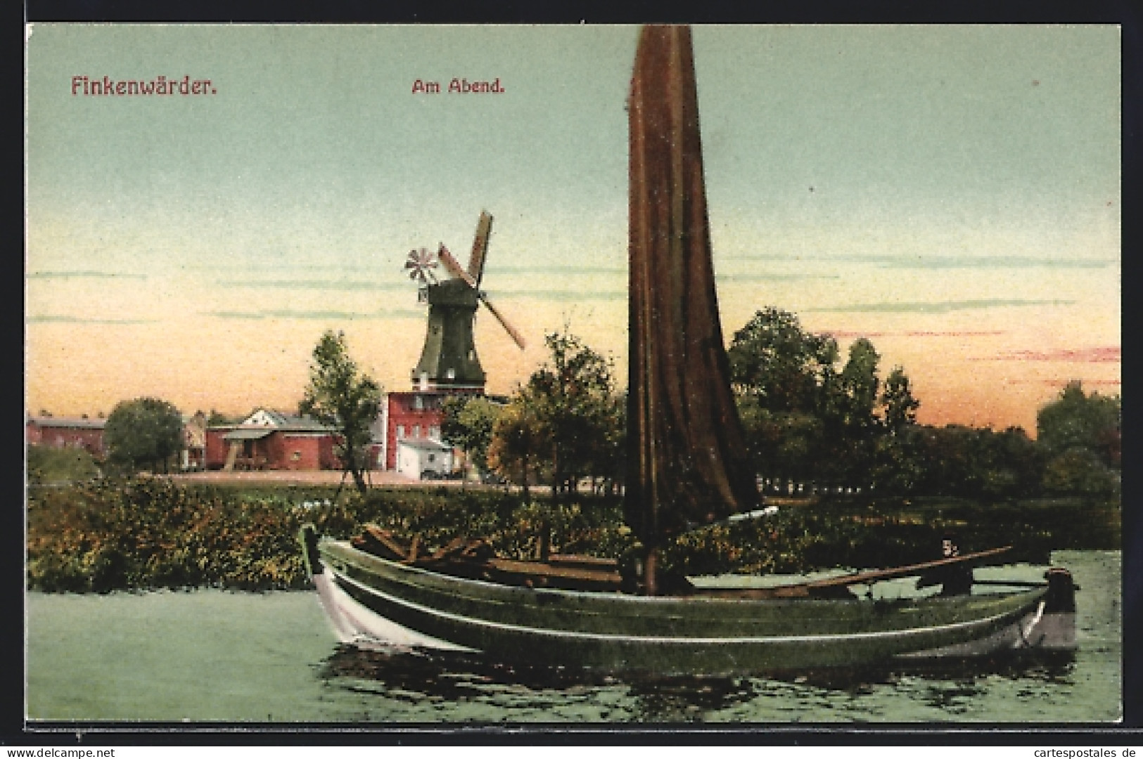 AK Hamburg-Finkenwerder, Windmühle am Abend mit Segelboot