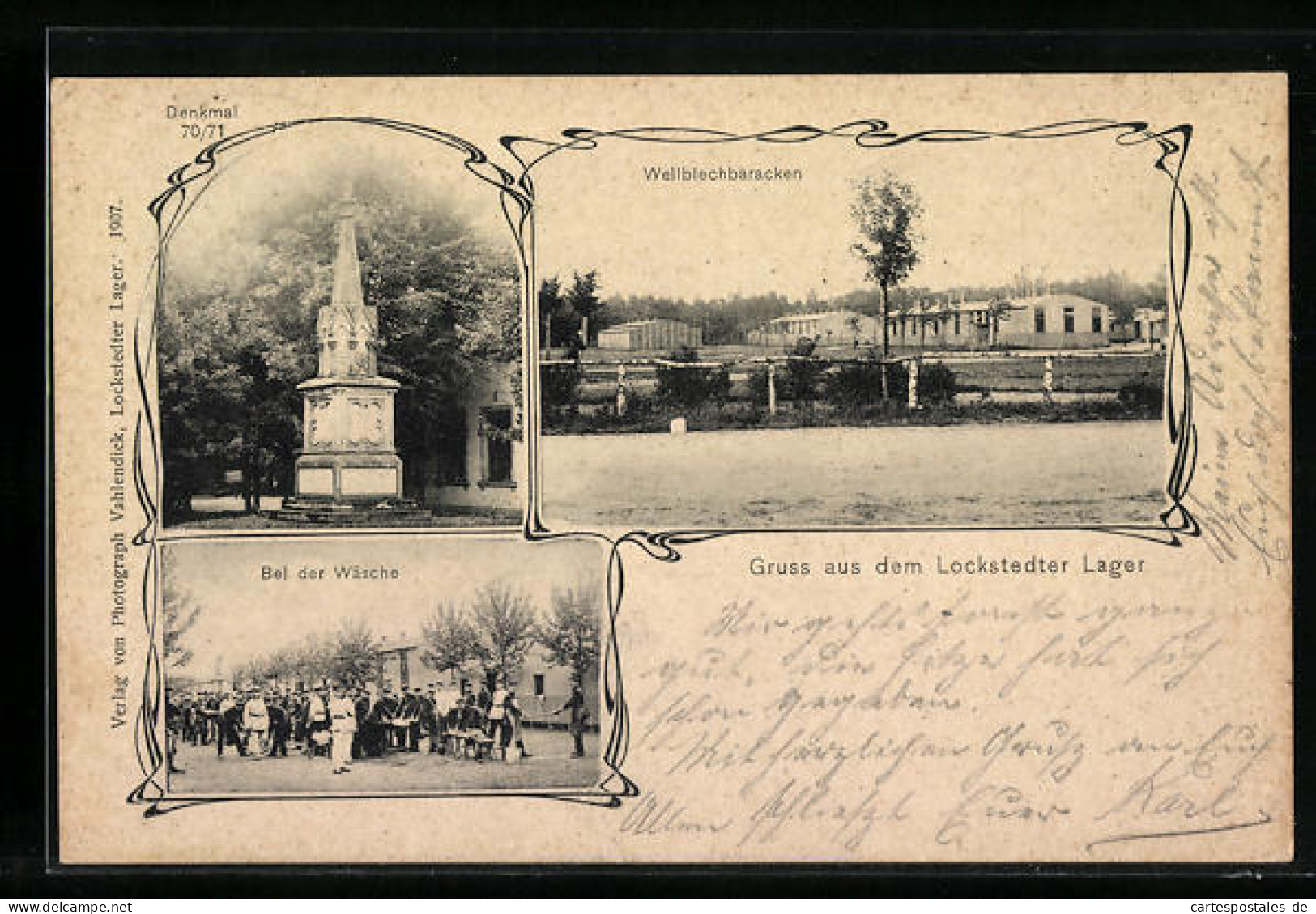 AK Hamburg-Lokstedt, Lockstedter Lager mit Denkmal 70 /71, Wellblechbaracken und Soldaten bei der Wäsche