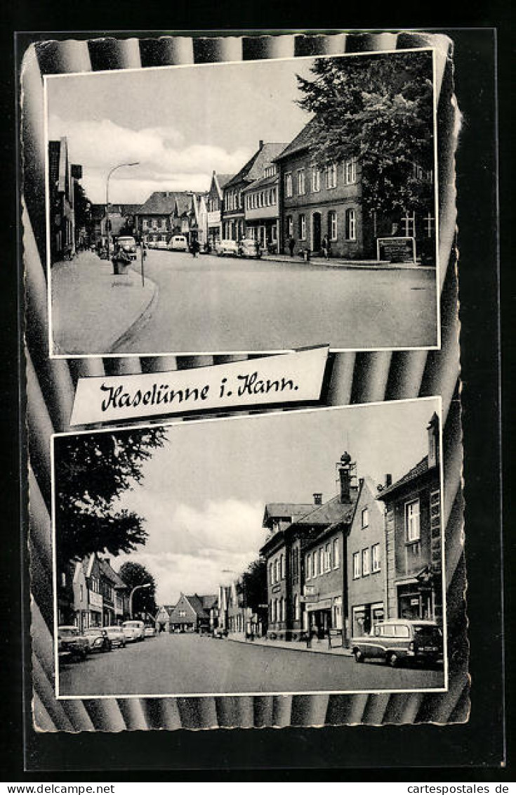 AK Haselünne i. Hann., Strassenpartien mit geparkten VW-Käfern