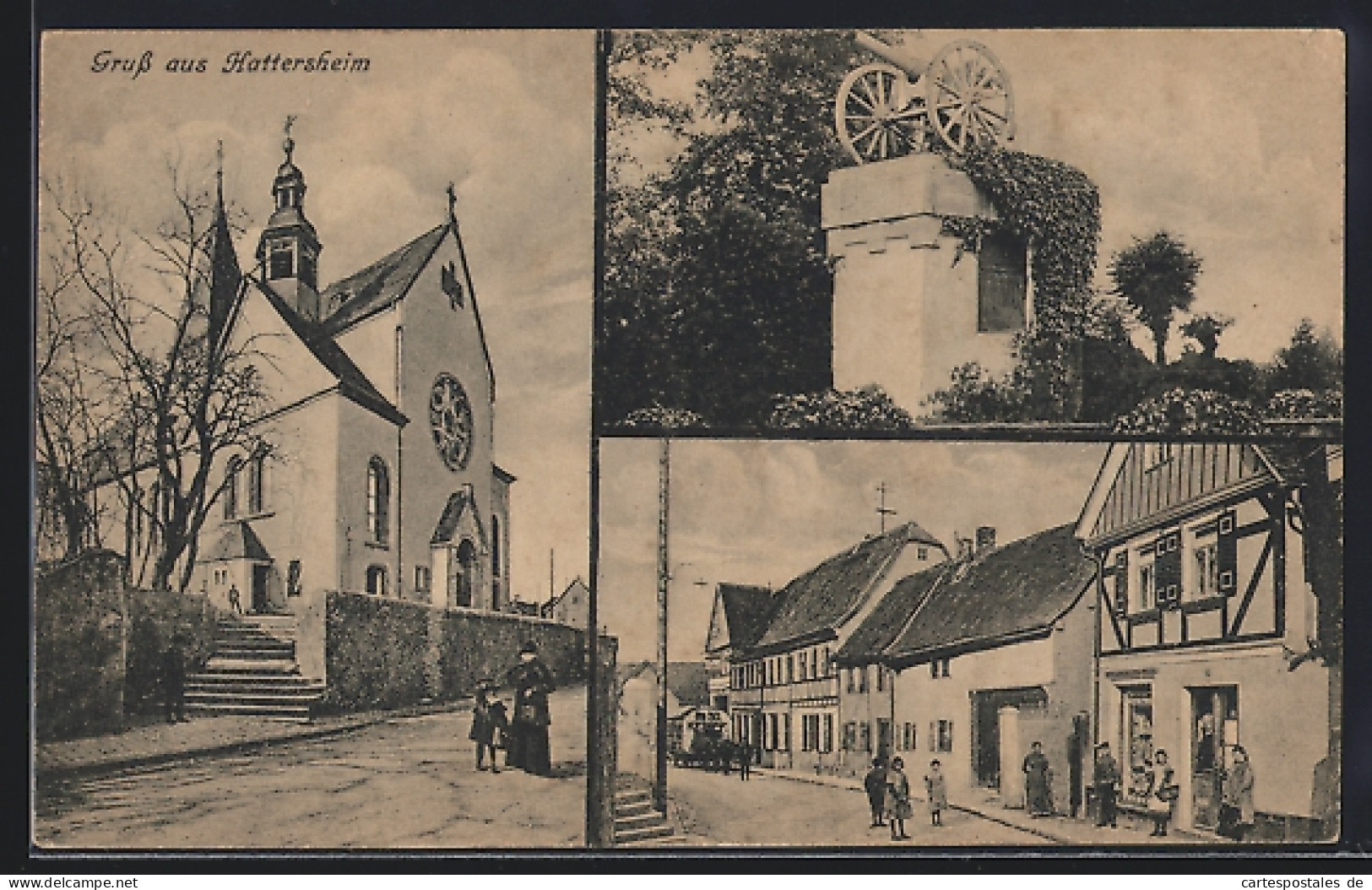 AK Hattersheim, Strassenpartie mit Geschäft, Kriegerdenkmal, Kirche