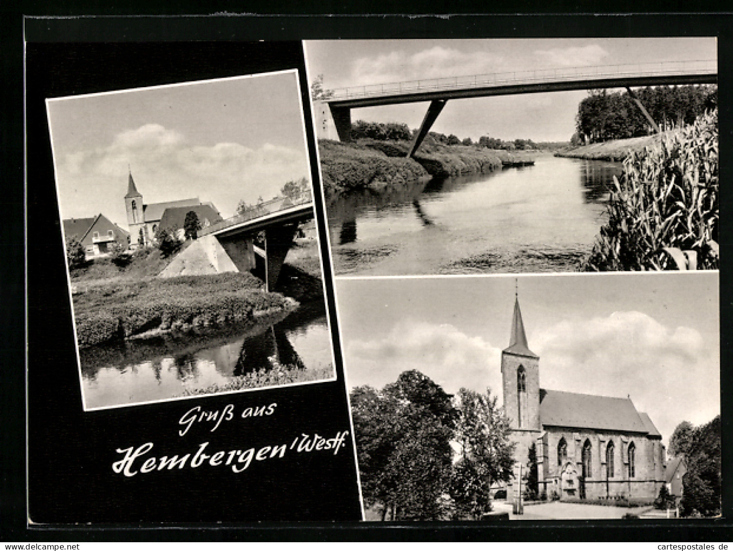 AK Hembergen / Emsdetten, Kirche, Brücke vor dem Ort