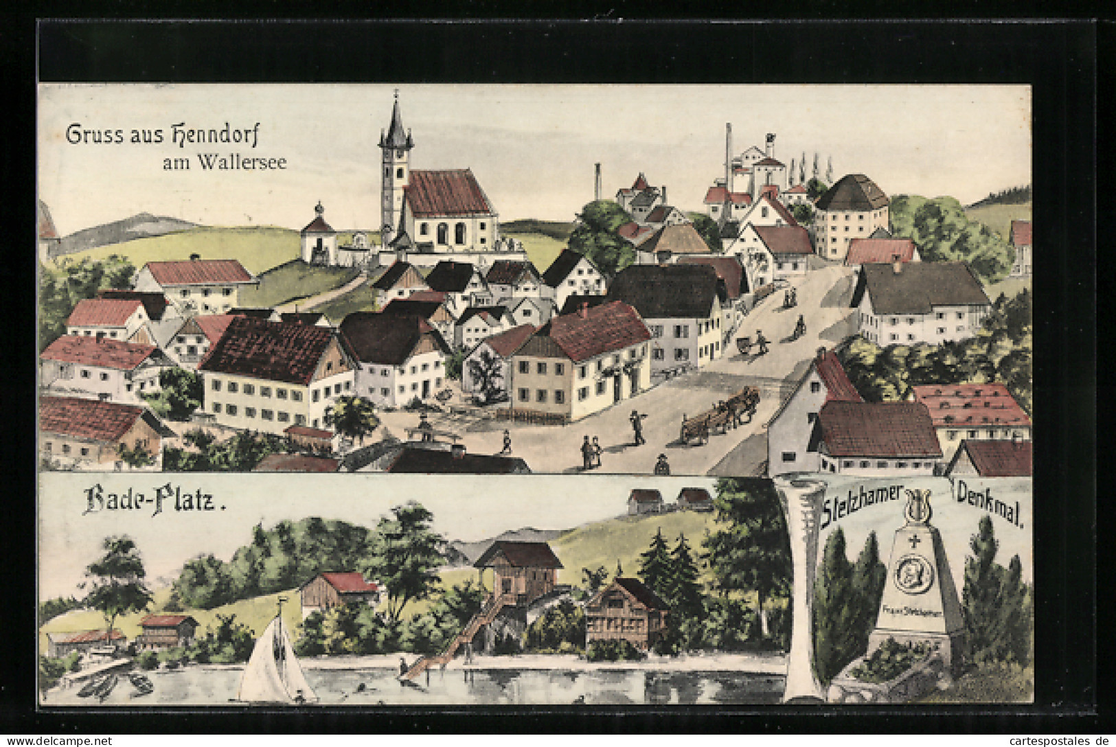AK Henndorf am Wallersee, Bade-Platz, Stelzhammer Denkmal, Ortsansicht mit Kirche