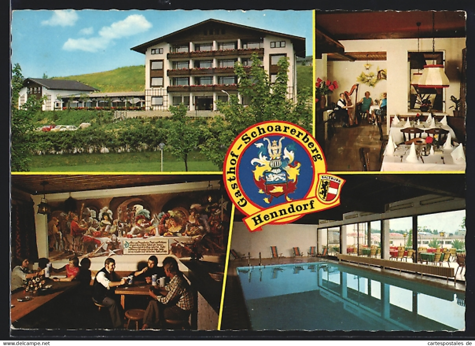 AK Henndorf am Wallersee, Der Gasthof Schoarerberg mit Speiseraum und Schwimmbad