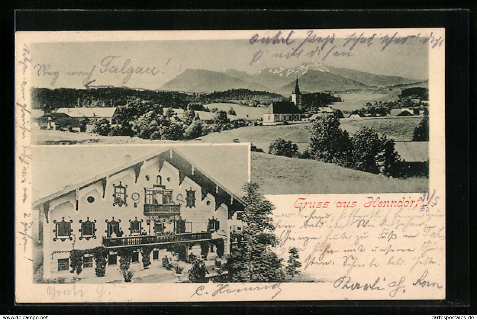 AK Henndorf am Wallersee, Gasthof, Kirche mit Gebirgspanorama