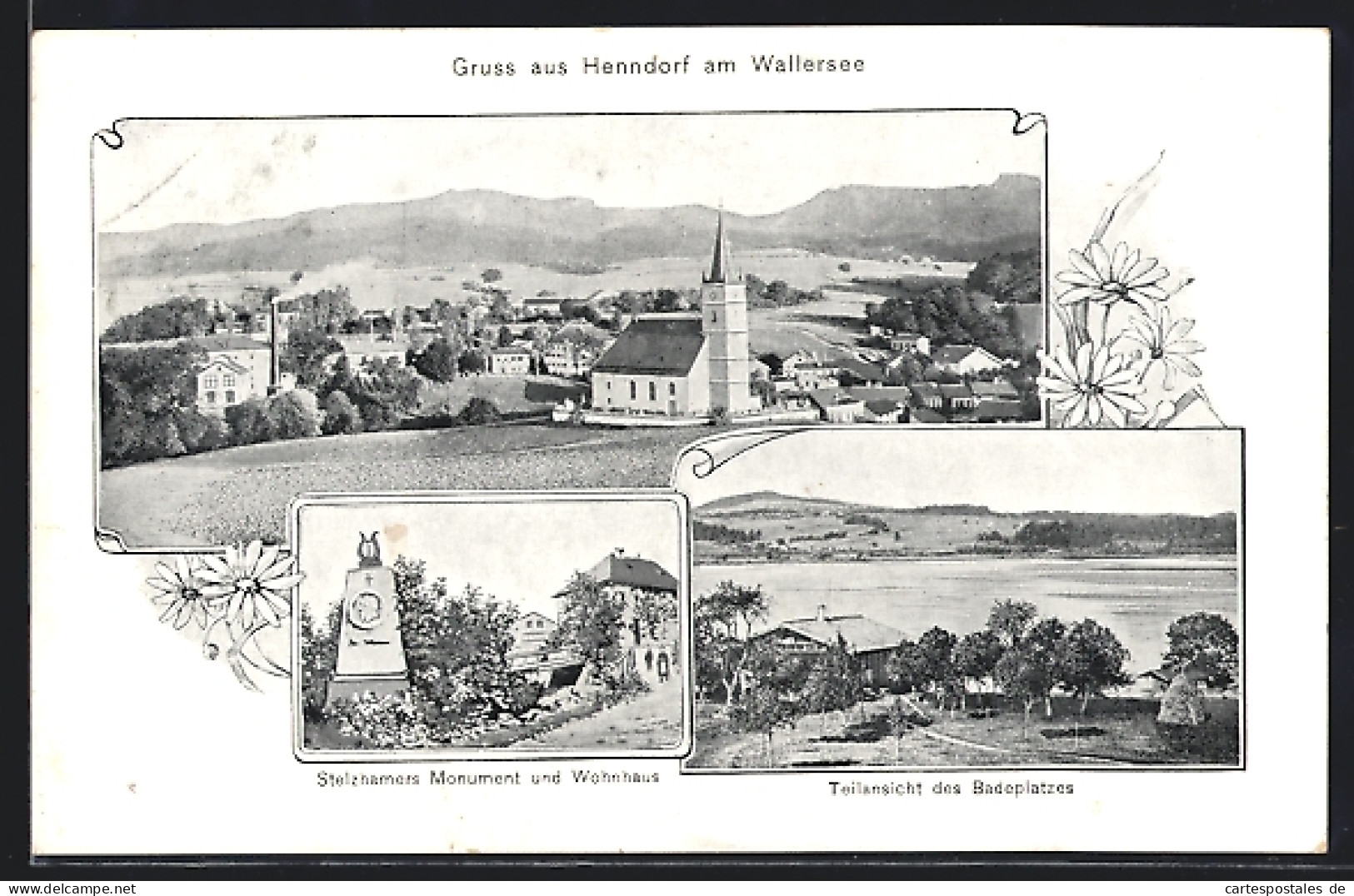 AK Henndorf am Wallersee, Stelzhamers Monument und Wohnhaus, Badeplatz