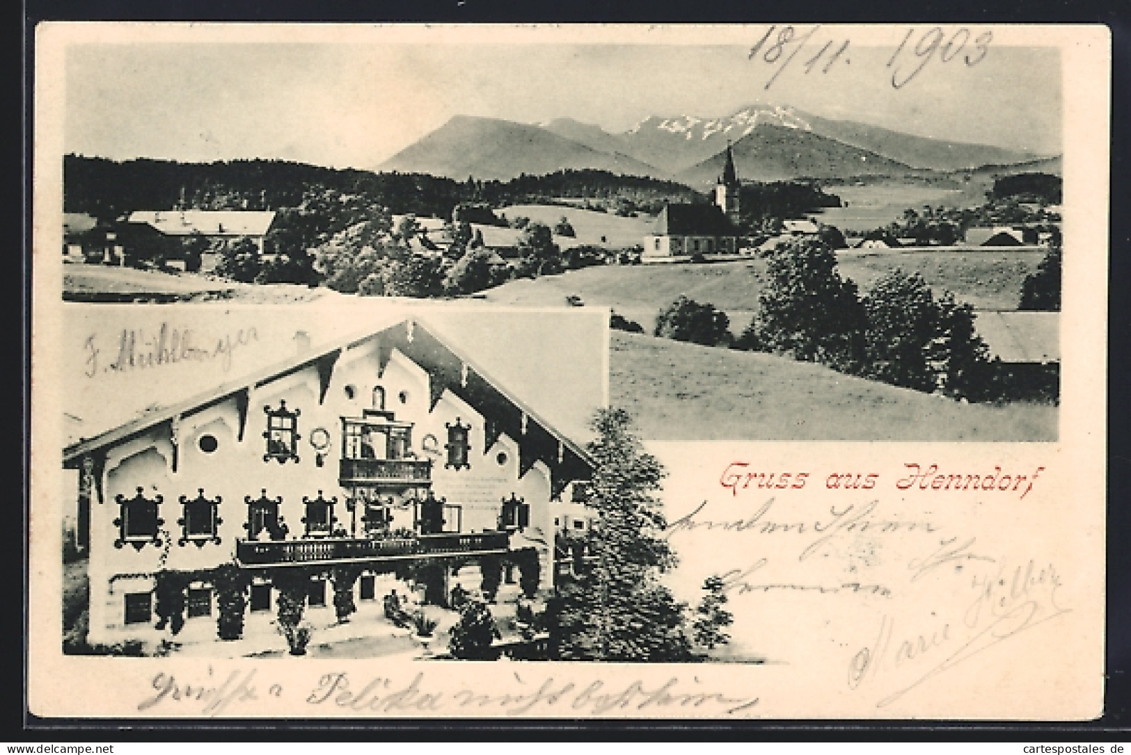 AK Henndorf /Wallersee, Gasthof mit Leuten auf dem Balkon, Partie am Ortsrand mit Kirche