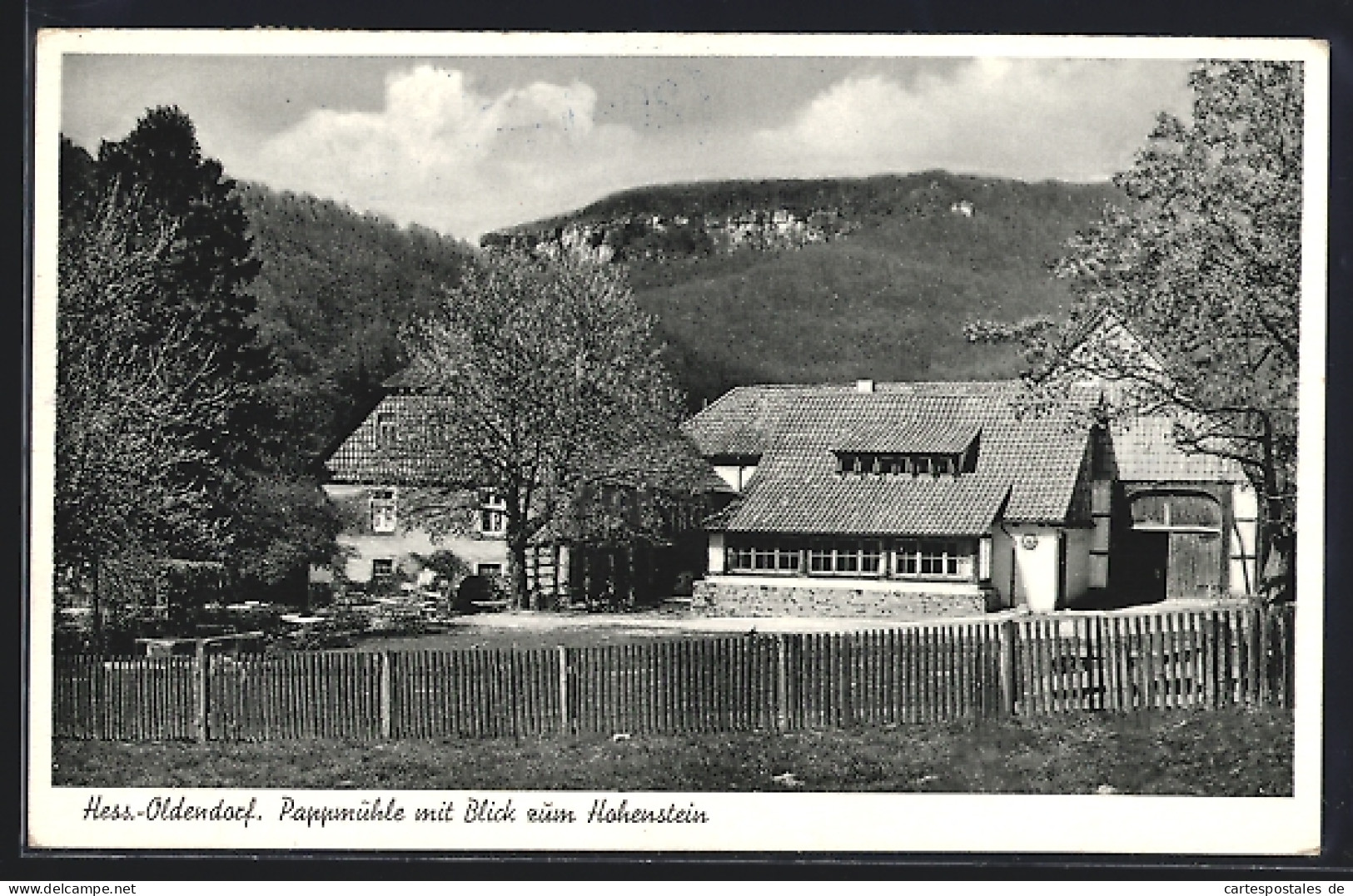 AK Hessisch Oldendorf, Pappmühle mit Blick zum Hohenstein