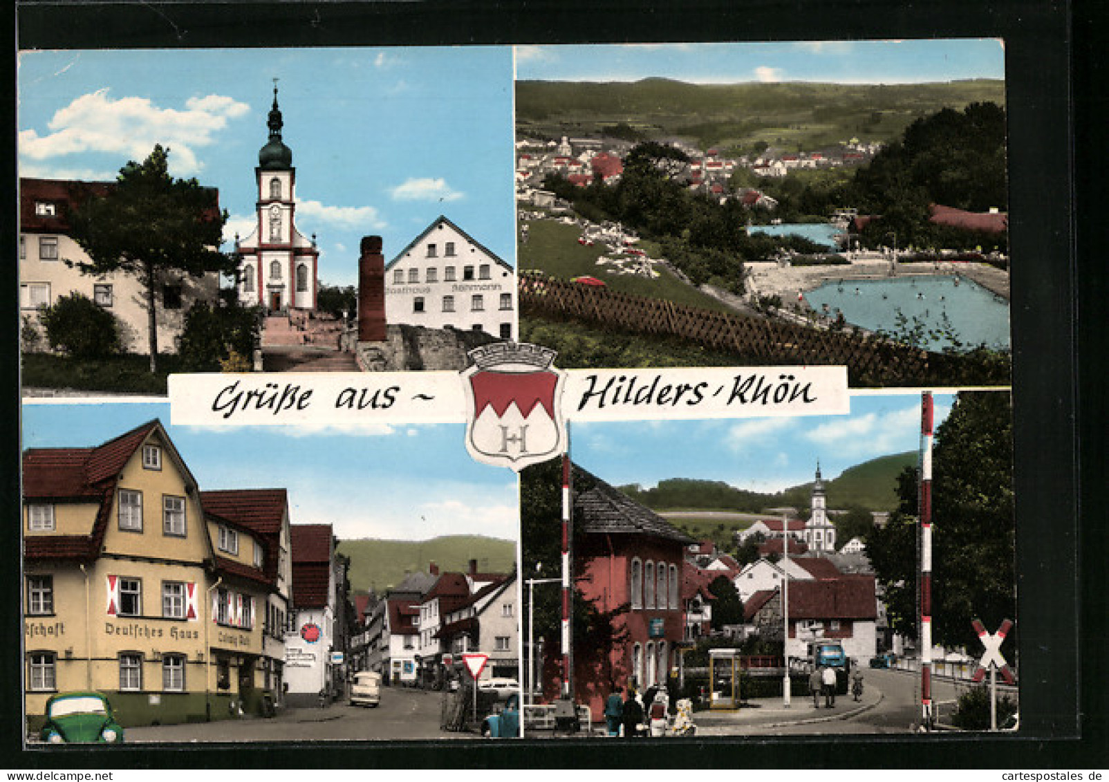 AK Hilders /Rhön, Freibad, Kirche, Deutsches Haus