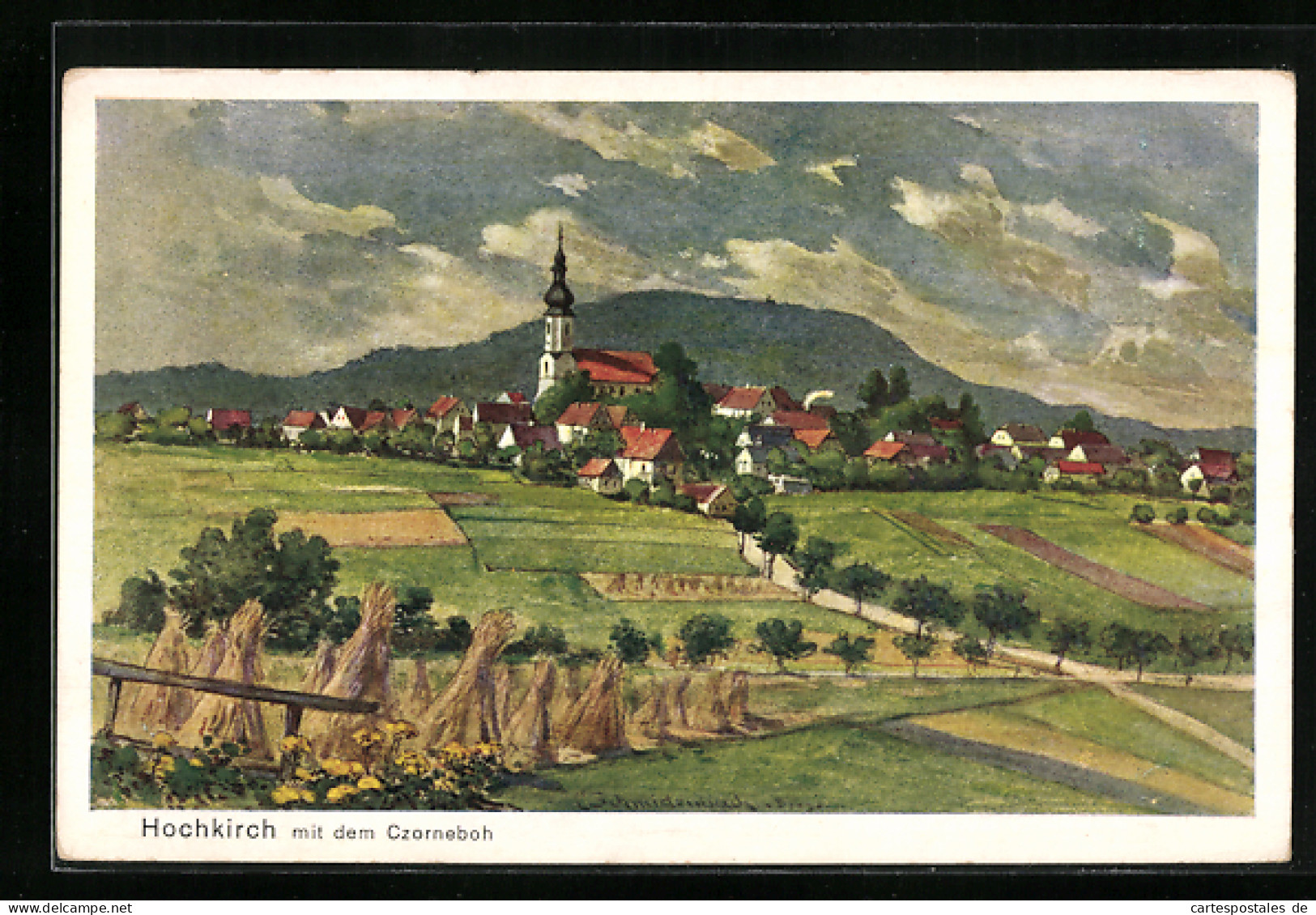 AK Hochkirch, Teilansicht mit Kirche und dem Czorneboh