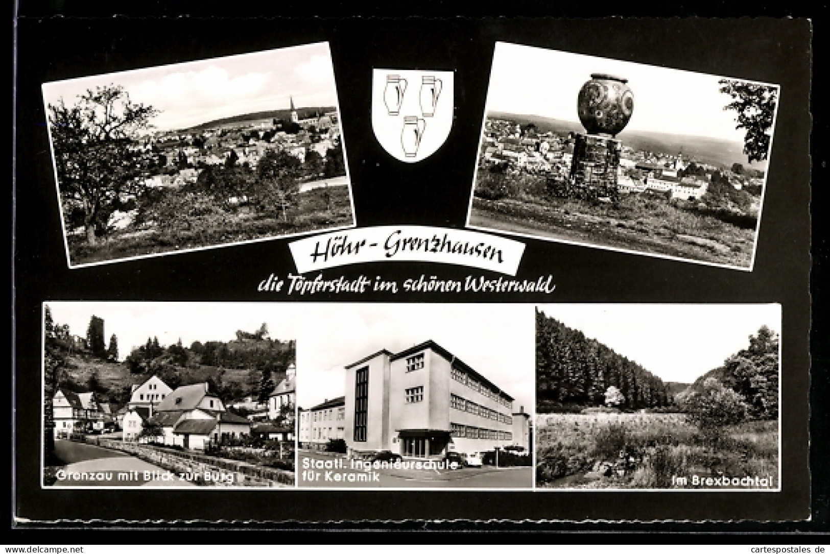 AK Höhr-Grenzhausen, Grenzau mit Blick zur Burg, Staatl. Ingenieurschule für Keramik, Brexbachtal
