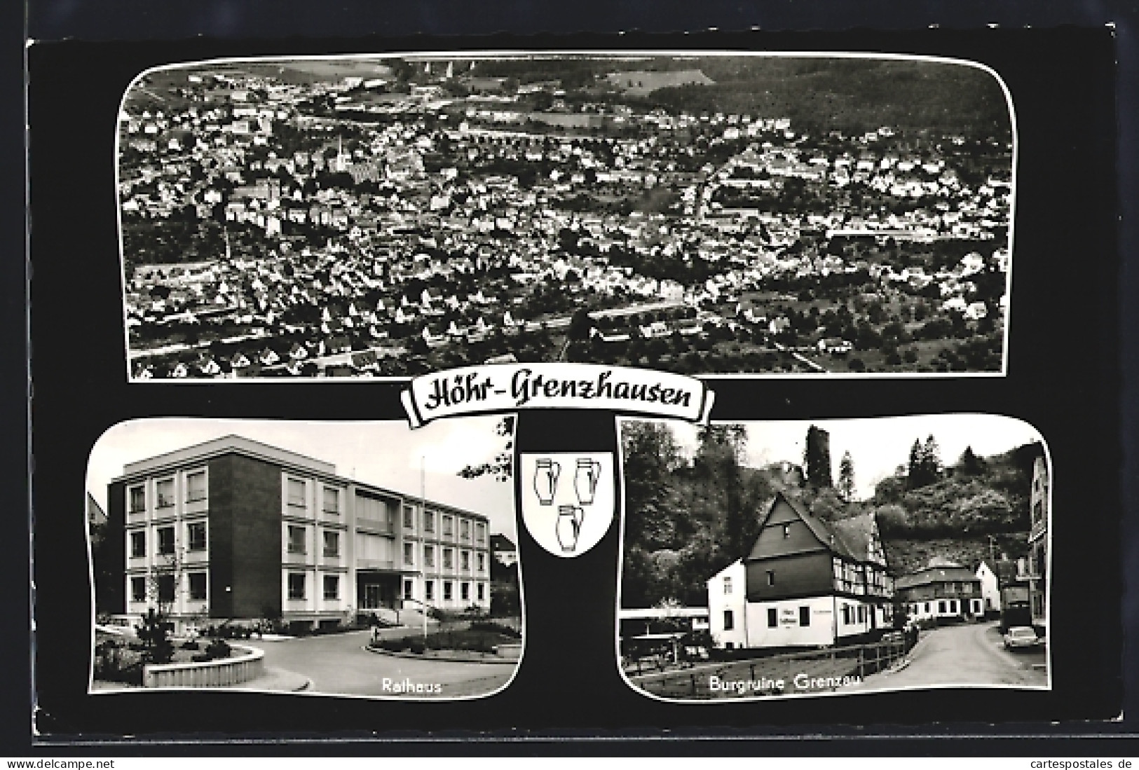 AK Höhr-Grenzhausen, Ortsansicht aus der Vogelschau, Rathaus, Burgruine Grenzau