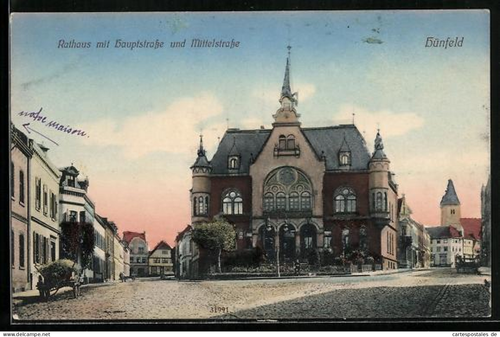 AK Hünfeld, Rathaus mit Hauptstrasse und Mittelstrasse