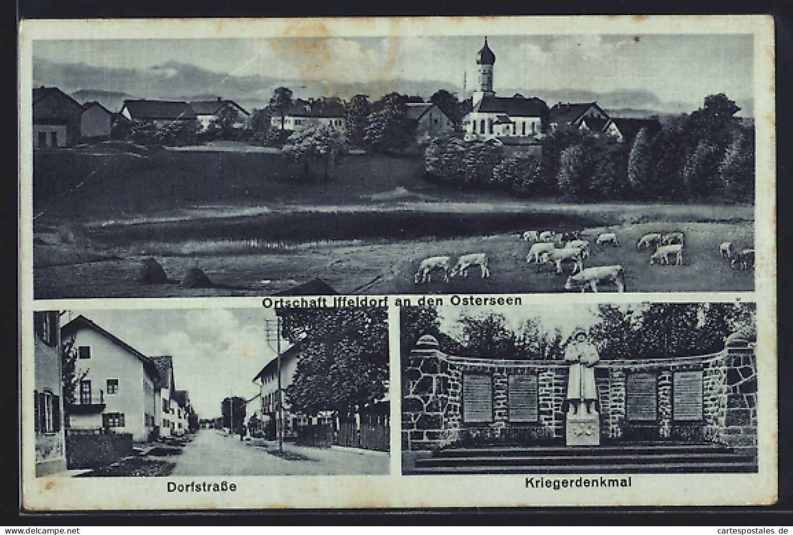 AK Iffeldorf an den Osterseen, Kriegerdenkmal, Strassenpartie, Ortsansicht vom Feld aus