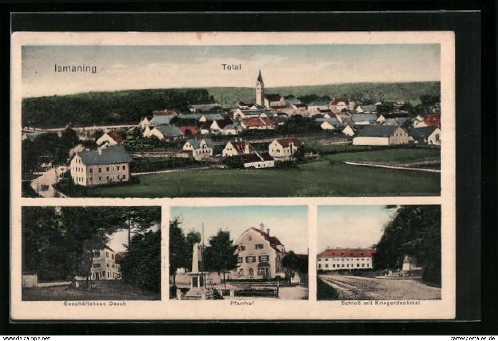 AK Ismaning, Totalansicht, Geschäftshaus Dasch, Schloss mit Kriegerdenkmal