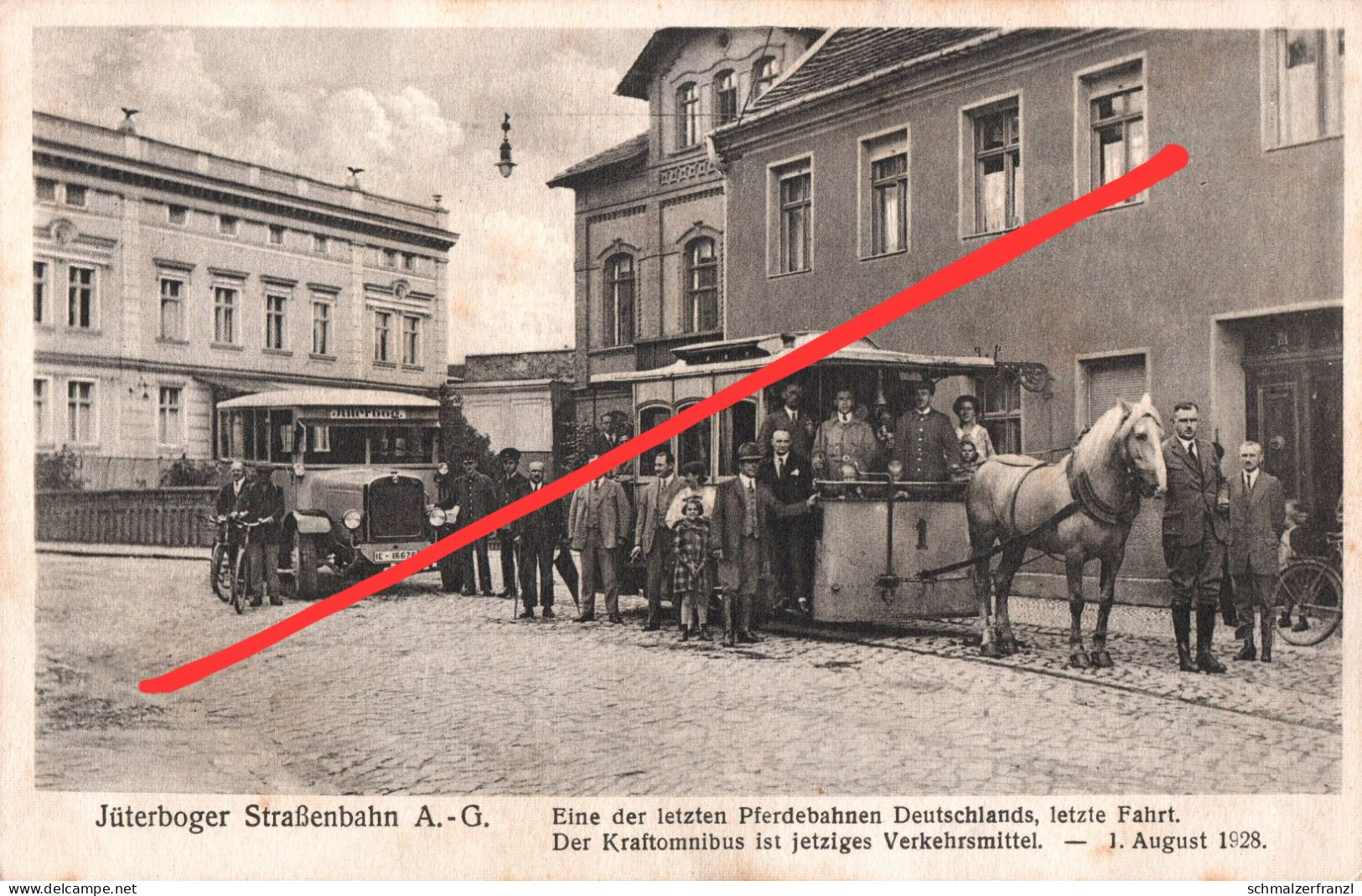 AK Jüterbog 1928 Jüterboger Straßenbahn AG Letzte Fahrt Pferdebahn Pferdestraßenbahn Bus Omnibus Autobus Kraftomnibus