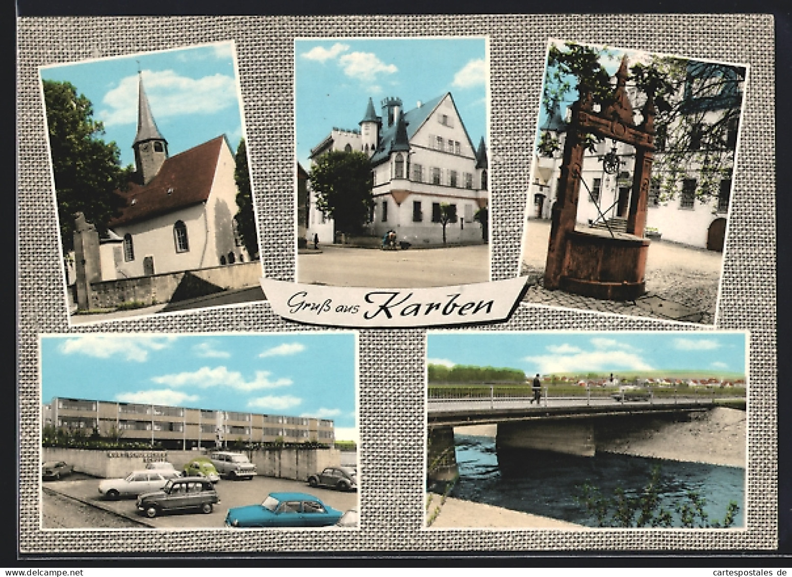 AK Karben, Ortsansichten, Kirche, Brunnen, Brücke