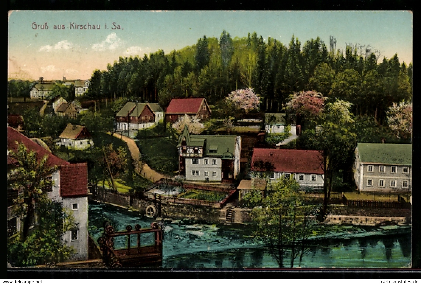 AK Kirschau i. Sa., Ortsansicht mit Fluss und Häusern