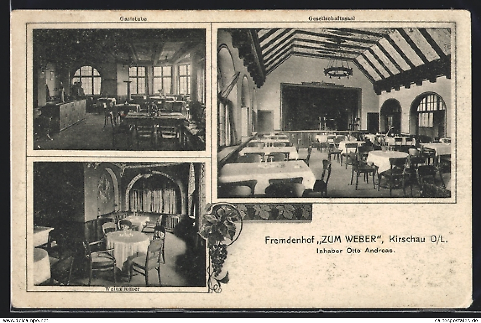 AK Kirschau /O.-L., Hotel Zum Weber, Innenansichten Gaststube, Gesellschaftssaal und Weinzimmer