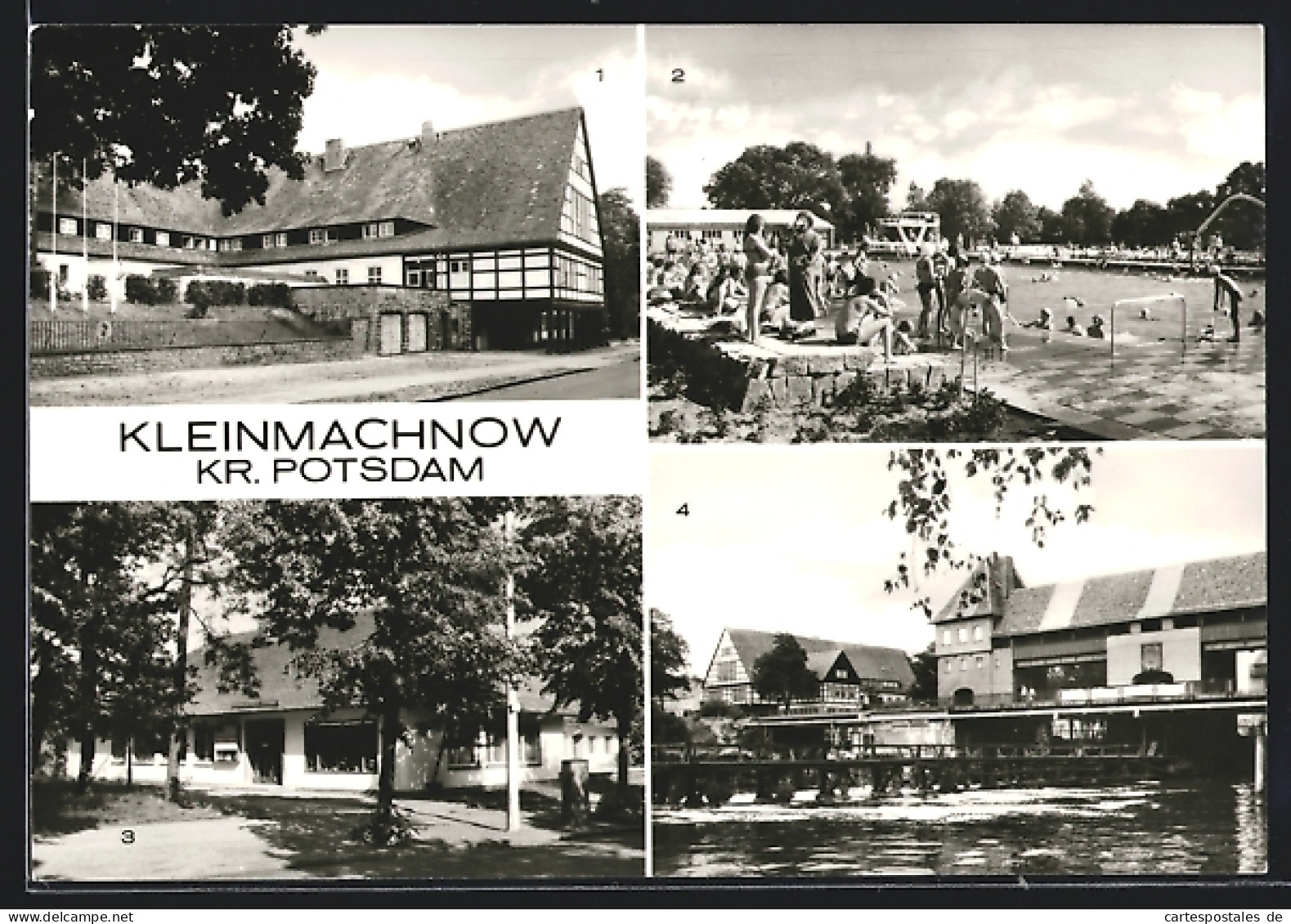 AK Kleinmachnow /Kr. Potsdam, Terrassenrestaurant, Freibad Kiebitzberge, Betriebsberufsschule für Wasserbau